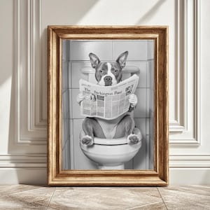 Staffie on Toilet Reading Newspaper, Black and White Decor, Dog Lover Gift, Bathroom Print, Instant Download, Staffordshire Bull Terrier