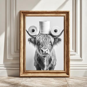 Stampa di mucca scozzese, divertente decorazione per il bagno, carta igienica con mucca scozzese, mucca scozzese in bianco e nero, decorazione da parete, download digitale stampabile