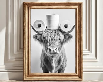 Highland Cow Print, Funny Bathroom Decor, Highland Cow Toilet Paper, Black And White Highland Cow, Wall Art, Printable Digital Download