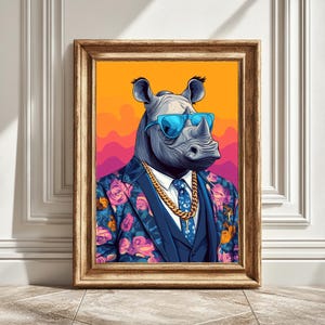 Funky Rhino Digital Print, Animal Art, Rhino in Suit Decor, Funky Home Art, Whimsical Art for Living Room, Quirky Design, Unique Rhino Art