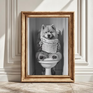 Chow Chow Toilet Newspaper Digital Art Print, Funny Dog Bathroom Art, Black and White Wall Decor, Pet Lover Gift, Quirky Home Decor, Instant