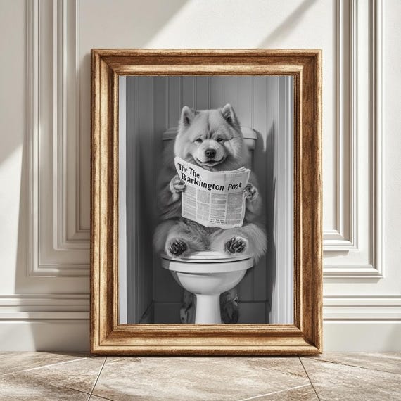 Chow Chow Toilet Newspaper Digital Art Print, Funny Dog Bathroom