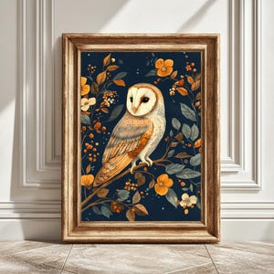 Digital Barn Owl Art Print, Summer Illustration, Navy Background, Animal Wall Decor, Wildlife Art, Printable Decoration, Instant Download