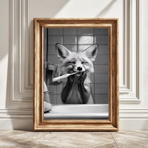 Fox Brushing Teeth Digital Art Print, Black and White Art, Nursery Wall Art, Kids Room Decor, Bathroom Decor, Woodland Animal Decor, Instant