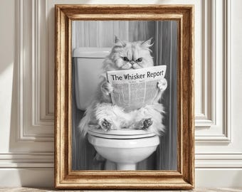 Persian Cat Print, Funny Bathroom Decor, Persian Cat on Toilet, Black And White Persian Cat, Wall Art, Printable Digital Download, Gift