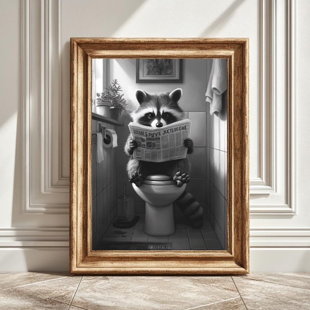 Raccoon on a Toilet Reading Newspaper Art Print, Digital Download, Wall ...