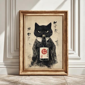 Chat noir vintage tenant un saké Impression d&#39;art numérique, art mural, illustration animalière, cadeau de décoration intérieure, style japonais, téléchargement immédiat
