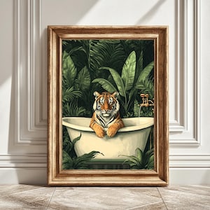 Impression d&#39;art numérique tigre dans la baignoire, décoration d&#39;intérieur fleurs, art mural moderne, illustration animalière, impression unique, cadeau d&#39;art, téléchargement immédiat