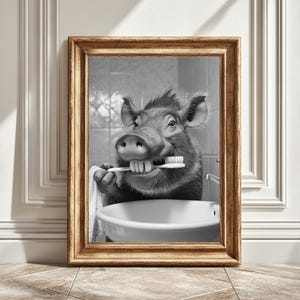 Warthog Brushing Teeth Art Print, Digital Wall Art, Bathroom Decor, Printable Art, Quirky Wildlife Art, Kids Room Decor, Instant Download