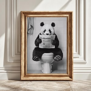 Panda on Toilet Art Print, Black White Bathroom Wall Decor, Animal Reading Newspaper Poster, Funny Animal Illustration, Panda Lover Gift