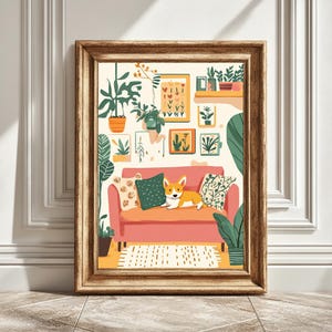 Cartoonish Corgi Couch Print, Digital Artwork, Pet Lover Decor, Corgi Wall Art, Living Room Print, Dog Art Gift, Cute Dog Decor, Welsh Corgi