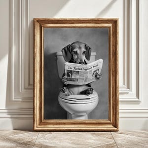 Black and White Dachshund Art Print, Reading Newspaper on Toilet, Bathroom Decor, Digital Print, Dog Art, Gift for Dog Lovers, Wiener Dog