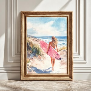 Digital Art Print, Watercolor of Girl with Pink Surfboard, Beach Art, Wall Decor, Surfing Art, Gift for Surfer, Home Decor, Surf Collection