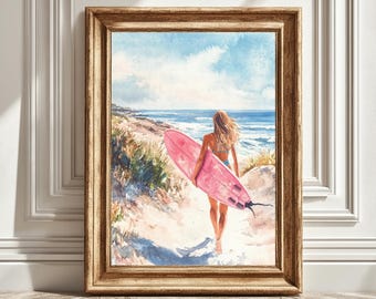 Surfer Girl With Pink Surfboard Print: Trendy Summer Poster