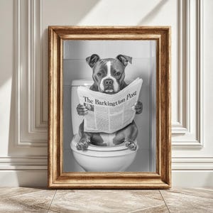 Staffie on Toilet Reading Newspaper, Black and White Decor, Dog Lover Gift, Bathroom Print, Instant Download, Staffordshire Bull Terrier