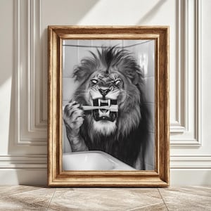 Digital Print, Lion Brushing Teeth, Nursery Wall Art, Animal Bathroom Decor, Printable Kids Room Decor, Playful Artwork, Instant Download