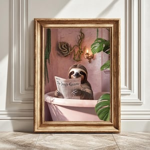 Digital Art Print Sloth in Bathtub, Reading Newspaper Wall Art, Quirky Sloth Decor, Relaxing Bathroom Print, Animal Art, Instant Download