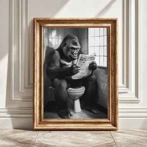 Gorilla on a Toilet Reading a Newspaper, Printable Digital Art, Funny Bathroom Decor, Quirky Wall Art, Humorous Print, Instant Download