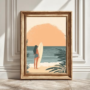 Mädchen hält Surfbrett Kunst Druck, Strand Wandbild, Surf Dekor, Ocean Haus, druckbare Kunst, sofortiger Download
