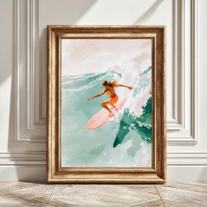 Surfer Mädchen Surfen Welle auf Longboard, Digitale Kunst Druck, Strand Kunstwerk, Surfbrett Wandkunst, Küsten Dekor, Ocean Print, Sofortiges Surfer Geschenk