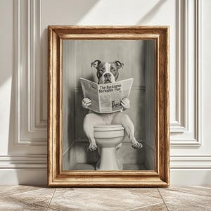 Staffie on Toilet Reading Newspaper, Black and White Decor, Dog Lover Gift, Bathroom Print, Instant Download, Staffordshire Bull Terrier