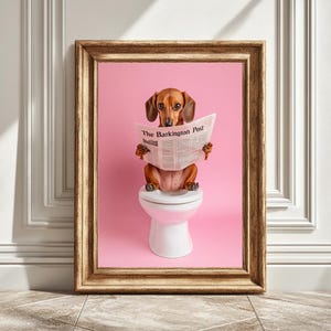 Dachshund Digital Art Print, Reading Newspaper on Toilet Art, Bathroom Decor, Dog Lover Gift, Printable Art, Wall Decor, Funny Dog Print