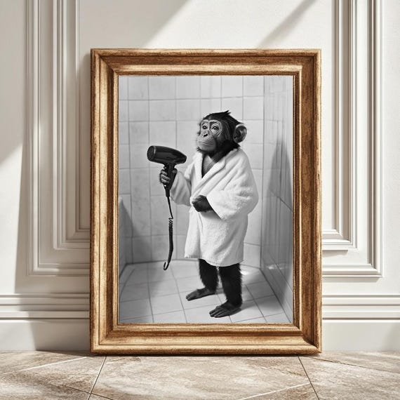 Funny Monkey in Bathrobe Art Print: Whimsical Bathroom Decor