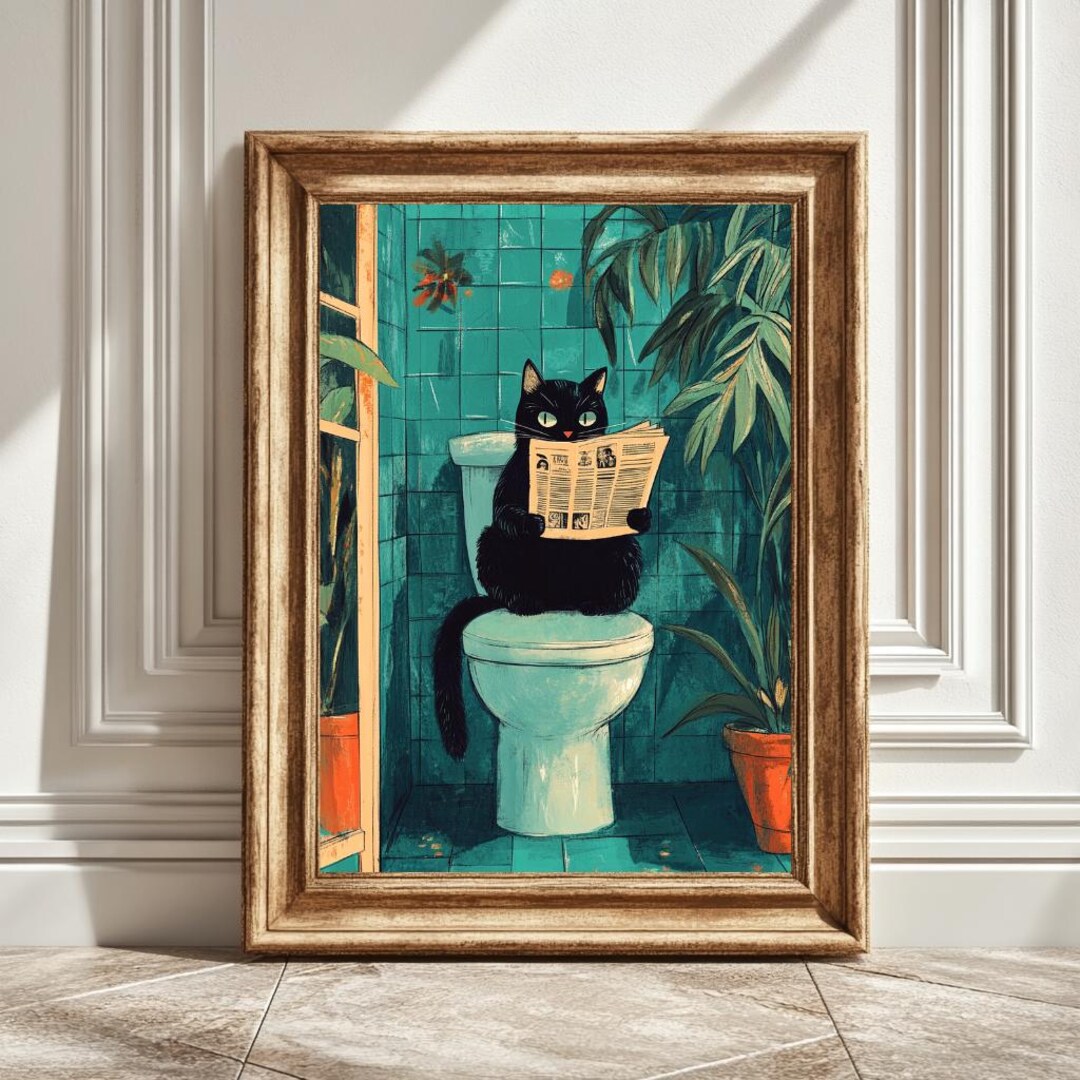 Black Cat Toilet Digital Art Print, Cat With Newspaper, Funny Bathroom ...