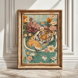 Impression d&#39;art numérique tigre dans la baignoire, décoration d&#39;intérieur fleurs, art mural moderne, illustration animalière, impression unique, cadeau d&#39;art, téléchargement immédiat