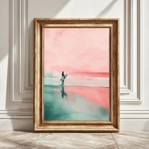 Mädchen hält Surfbrett Kunst Druck, Strand Wandbild, Surf Dekor, Ocean Haus, druckbare Kunst, sofortiger Download
