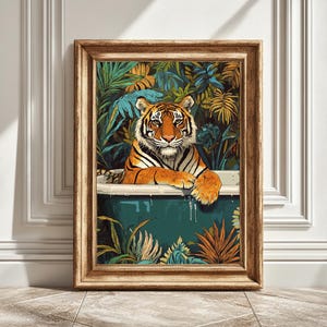 Impression d&#39;art de fleurs de baignoire tigre, art mural numérique, décoration animalière, illustration colorée, art de la salle de bain, cadeau imprimable, téléchargement immédiat