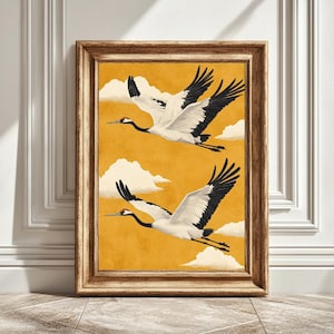 Two Cranes in Flight, Japanese Digital Art Print, Decor Wall Art, Japanese Crane Art, Bird Print, Printable Home Decor, Instant Download