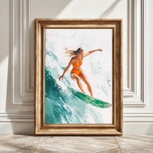 Surfer Mädchen Surfen Welle auf Longboard, Digitale Kunst Druck, Strand Kunstwerk, Surfbrett Wandkunst, Küsten Dekor, Ocean Print, Sofortiges Surfer Geschenk
