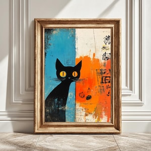 Digital Art Print Japanese Style, Black Cat Wall Art, Home Decoration, Art Print, Cat Illustration, Gift for Cat Lovers, Instant Download
