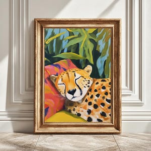 Matisse Inspired Digital Art Print, Oil Painting Cheetah Sleeping on a Sofa, Couch Wildlife Decor, Home Wall Art, Printable Living Room Art