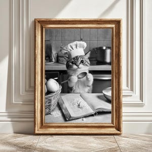 Cat Chef Hat Kitchen Print, Black White Digital Art, Cute Cat Lover Gift, Kitchen Wall Decor, Instant Download, Unique Kitten Illustration
