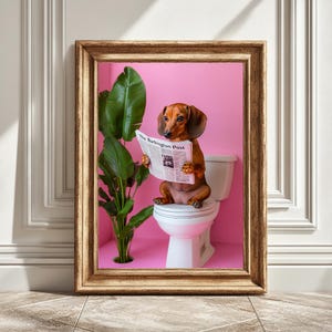 Digital Art Print of Dachshund Reading Newspaper, Toilet Decor, Humorous Bathroom Print, Dog Lover Gift, Funny Dog Bathroom Decor, Instant
