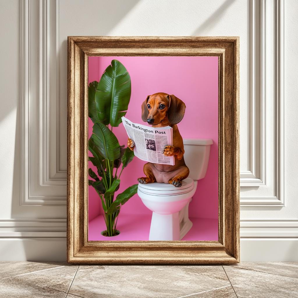 Digital Art Print of Dachshund Reading Newspaper, Toilet Decor, Humorous Bathroom Print, Dog Lover Gift, Funny Dog Bathroom Decor, Instant