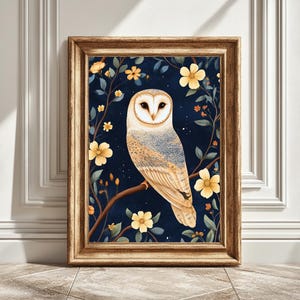 Digital Barn Owl Art Print, Summer Illustration, Navy Background, Animal Wall Decor, Wildlife Art, Printable Decoration, Instant Download