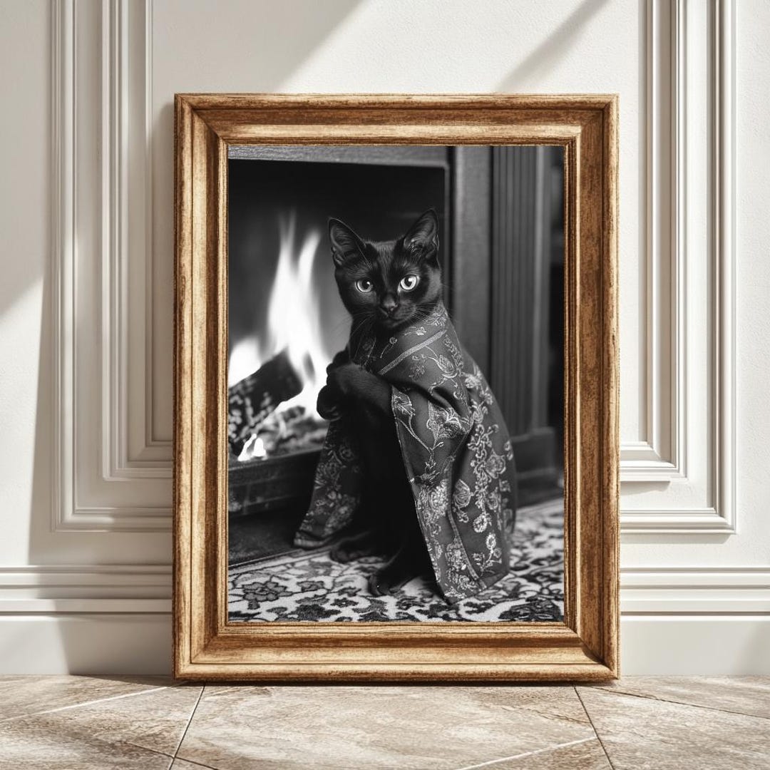 Black Cat in Robe Digital Art Print, Fireplace Wall Decor, Black and ...
