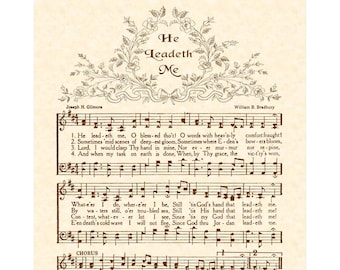 HE LEADETH ME - Hymn Wall Art - Custom Christian Home Decor Vintage Verses Sheet Music Inspirational Wall Art Natural Parchment Sepia Brown