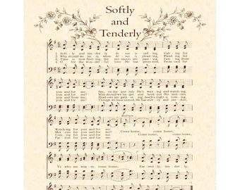SOFTLY AND TENDERLY --- 8 x 10 Antique Hymn Art Print Sheet Music