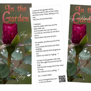 IN THE GARDEN Printed Hymn Bookmarks w Song Lyrics Vintage Verses Book Lovers Gift Card Insert Christian Ministry Give Away Rose Bud Dew image 2