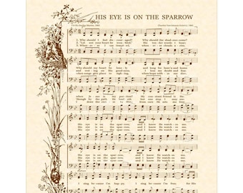 His Eye Is On The Sparrow Hymn - Hymn Wall Art - Custom Christian Home Decor - Vintage Verses Sheet Music - Inspirational Wall Art - Sepia