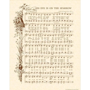 His Eye Is On The Sparrow Hymn - Hymn Wall Art - Custom Christian Home Decor - Vintage Verses Sheet Music - Inspirational Wall Art - Sepia