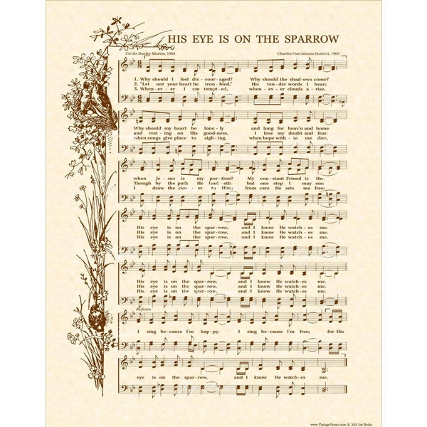 His Eye Is On The Sparrow Hymn - Hymn Wall Art - Custom Christian Home Decor - Vintage Verses Sheet Music - Inspirational Wall Art - Sepia