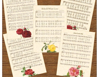 LOVE Hymn Greeting Cards 5x7 Vintage Verses Antique Hymn Natural Parchment Colorful Flower by Number Christian Blank Inside Valentines