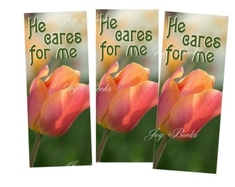 He Cares For Me Printed Hymn Bookmarks w Song Lyrics on back Book Lovers Gift Vintage Verses Card Insert Womens Tea Favor Tulip Fanny Crosby