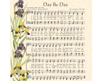 DAY BY DAY - 8x10 Antique Hymn Art Print Natural Parchment Deep Dark Purple Ink Vintage Verses Sheet Music Iris Flowers Yellow Purple