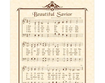 Beautiful Savior - Hymn On Parchment Christian Home & Office Decor Sheet Music Wall Art  Vintage Verses Faith Inspirational Antique Hymn